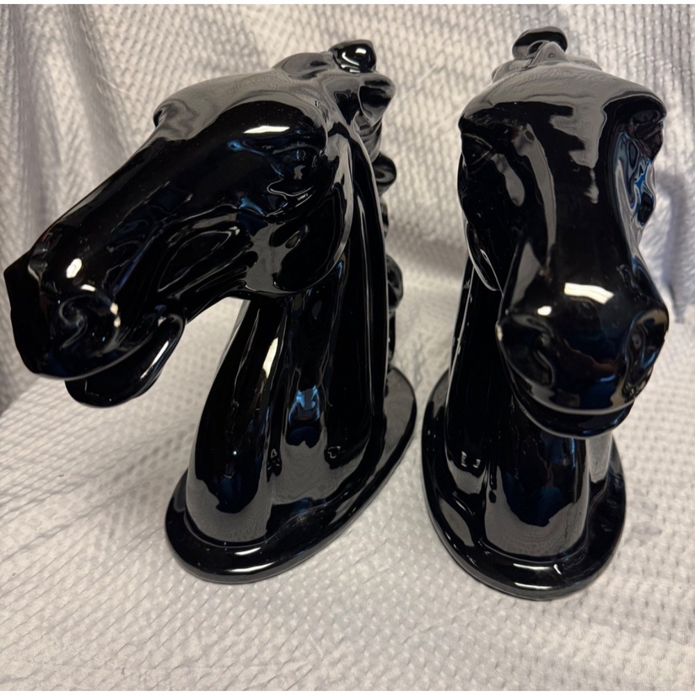 Vintage Pair High‎ Shine Glazed Black Stallion Horse Head Bookends Sculptures